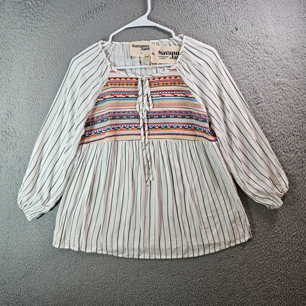 NEW Savanna Jane Top Blouse Small Colorful Embroidered Tie Neck White‎ Black